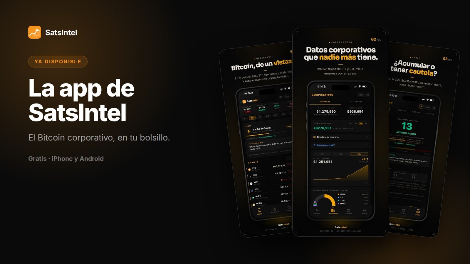 Portada del post: la app de SatsIntel para iPhone y Android, con tres capturas de pantalla