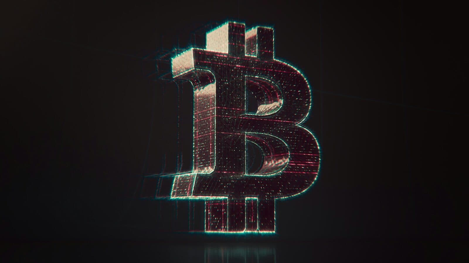 Bitcoin-Symbol in dreidimensionaler Digitalkunst mit Leuchtlinien