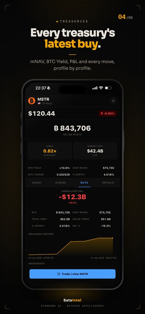 Treasury company profile with its BTC, cost basis, unrealised P&L and holdings history