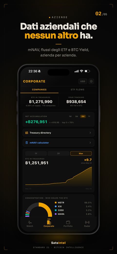 Schermata aziendale con il totale di BTC nelle tesorerie, accumulazione netta e concentrazione per azienda