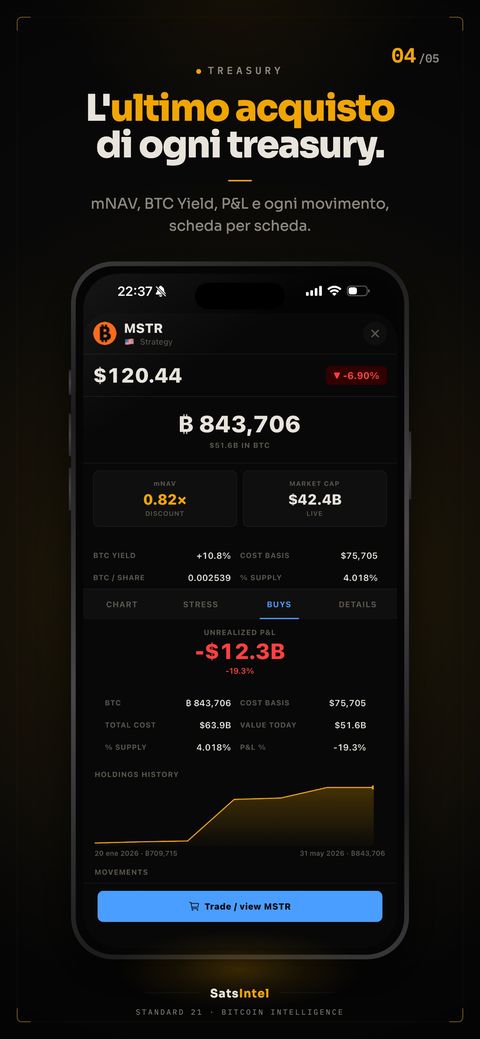 Scheda di una tesoreria con i suoi BTC, costo medio, risultato non realizzato e storico delle posizioni